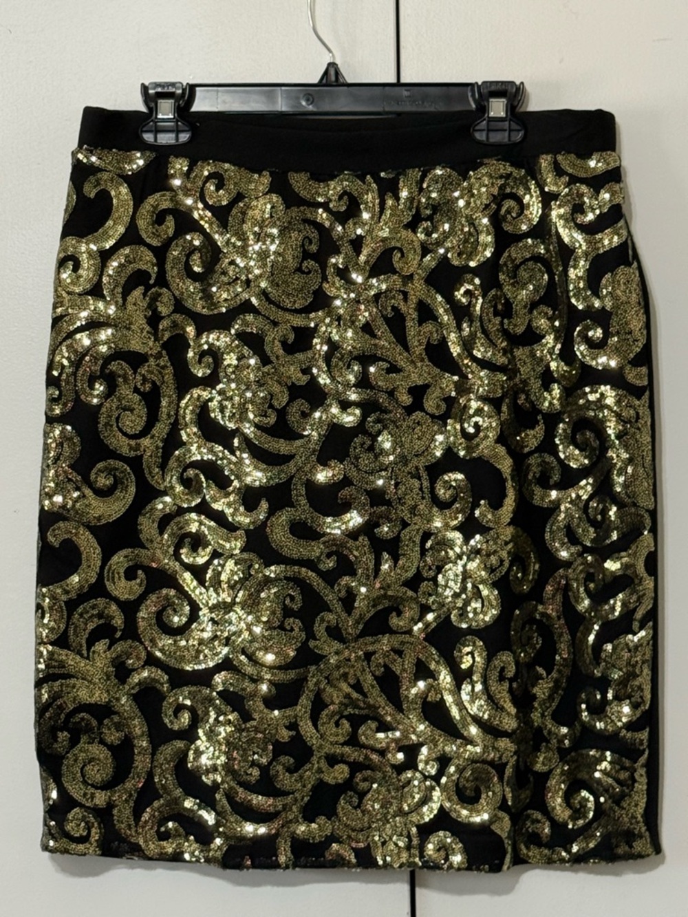 Cato Black Pencil Skirt with Gold Sequin Scrolls